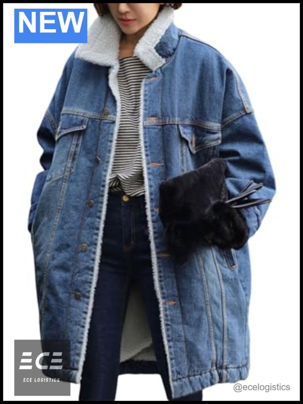 Long Sherpa Fleece Lined Denim Jacket Button Down Trucker Trench Coat Overcoat